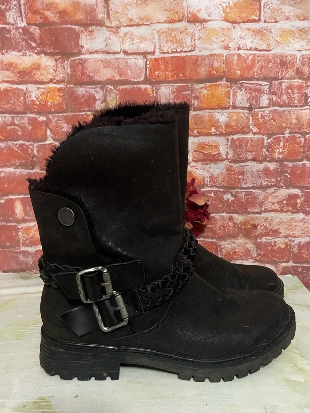 Blowfish Malibu Black Fur Lined Mid-calf Moto Boots